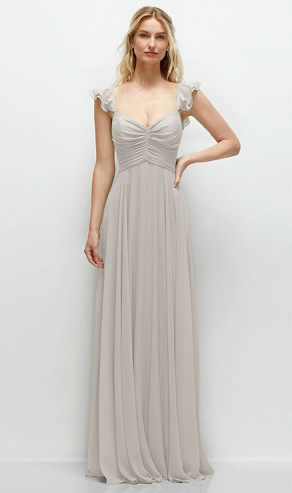 Front View - Oyster Convertible Ruffle Strap Chiffon Maxi Dress with Full Circle Skirt