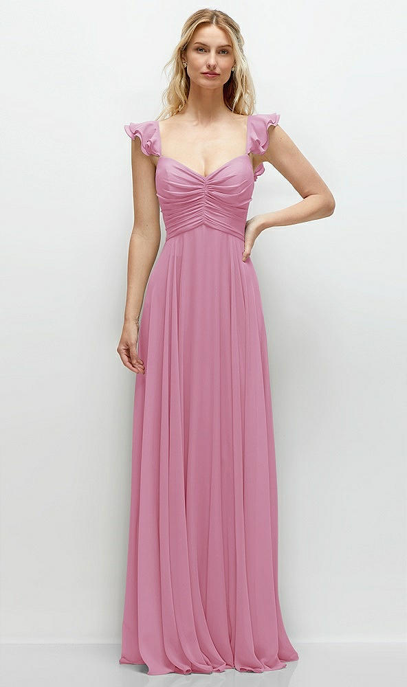 Front View - Powder Pink Convertible Ruffle Strap Chiffon Maxi Dress with Full Circle Skirt