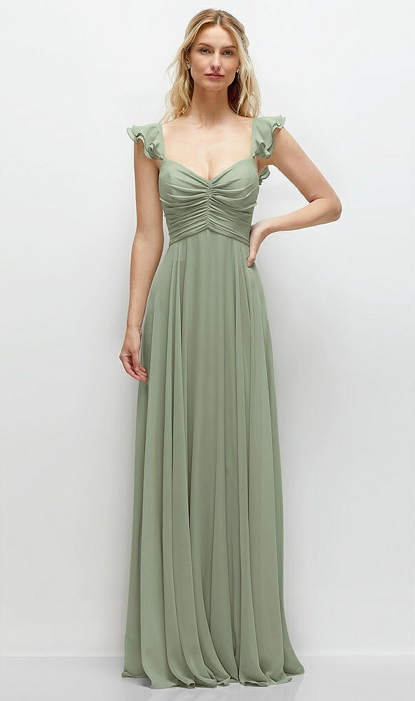 Front View - Sage Convertible Ruffle Strap Chiffon Maxi Dress with Full Circle Skirt