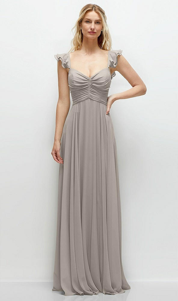 Front View - Taupe Convertible Ruffle Strap Chiffon Maxi Dress with Full Circle Skirt