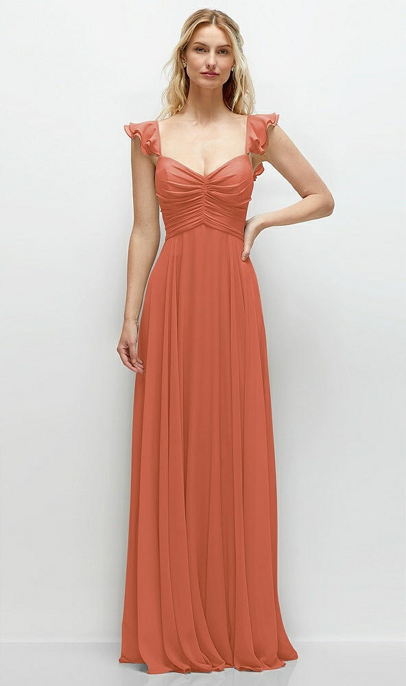 Front View - Terracotta Copper Convertible Ruffle Strap Chiffon Maxi Dress with Full Circle Skirt