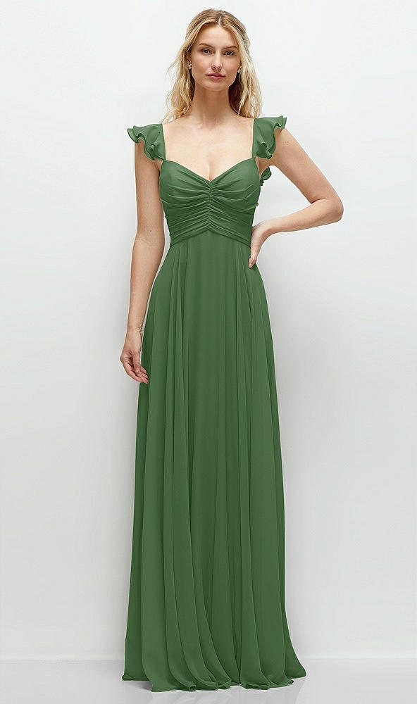 Front View - Vineyard Green Convertible Ruffle Strap Chiffon Maxi Dress with Full Circle Skirt