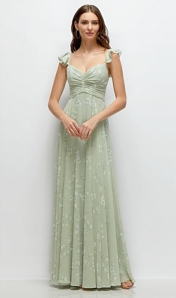 Front View - Vintage Primrose Sage Convertible Ruffle Strap Chiffon Maxi Dress with Full Circle Skirt