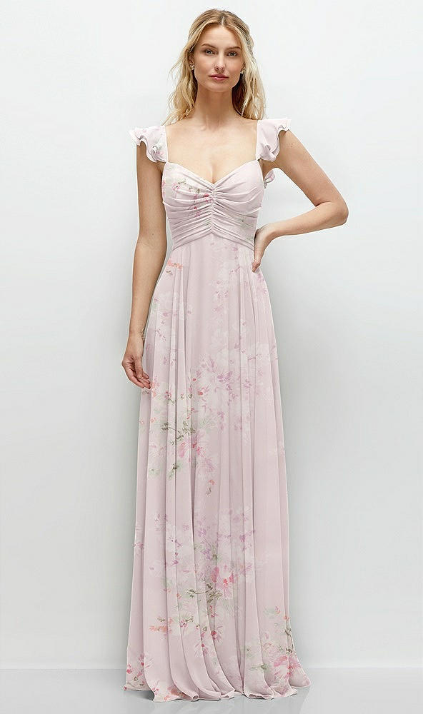 Front View - Watercolor Print Convertible Ruffle Strap Chiffon Maxi Dress with Full Circle Skirt