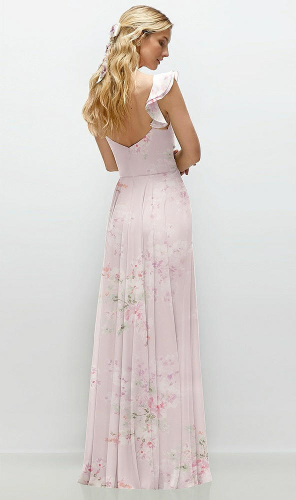 Back View - Watercolor Print Convertible Ruffle Strap Chiffon Maxi Dress with Full Circle Skirt