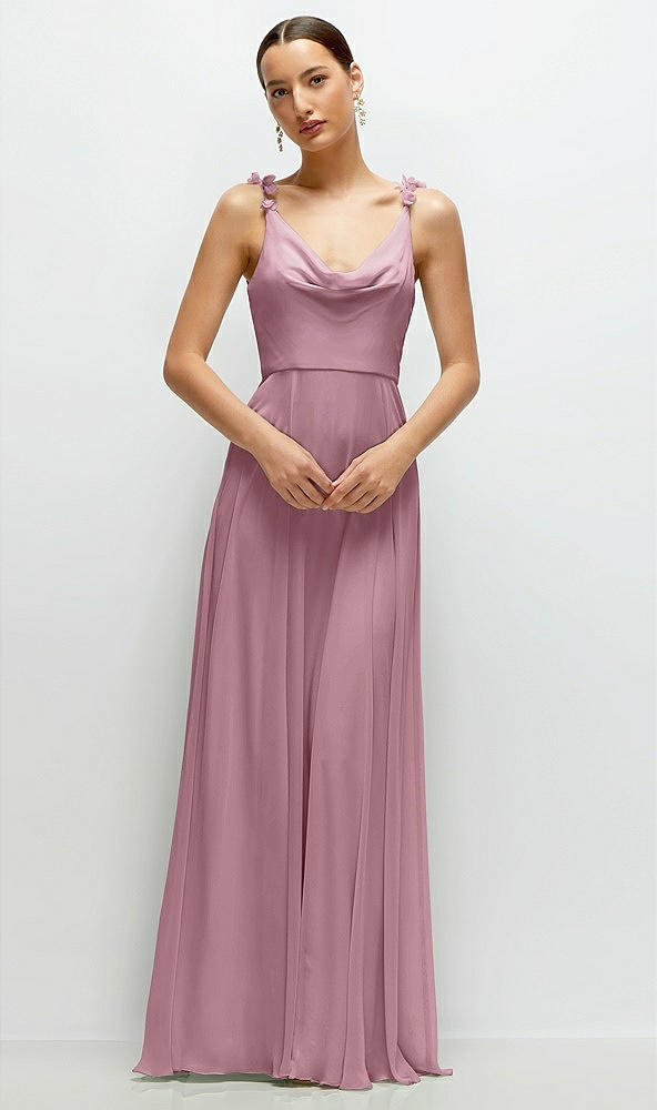 Front View - Dusty Pink Cowl Neck Chiffon Maxi Dress with Hand-Worked Petal Straps