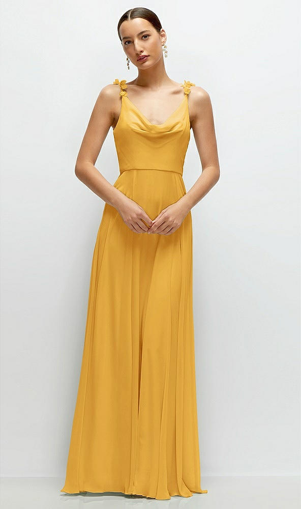 Front View - NYC Yellow Cowl Neck Chiffon Maxi Dress with Hand-Worked Petal Straps