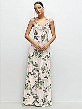 Front View Thumbnail - Palm Beach Print Cowl Neck Chiffon Maxi Dress with Hand-Worked Petal Straps