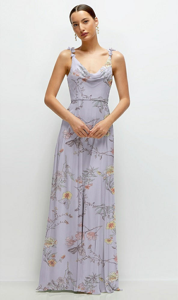 Front View - Butterfly Botanica Silver Dove Cowl Neck Chiffon Maxi Dress with Hand-Worked Petal Straps