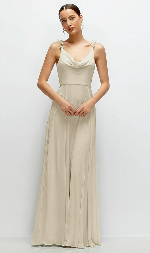 Front View - Champagne Cowl Neck Chiffon Maxi Dress with Hand-Worked Petal Straps