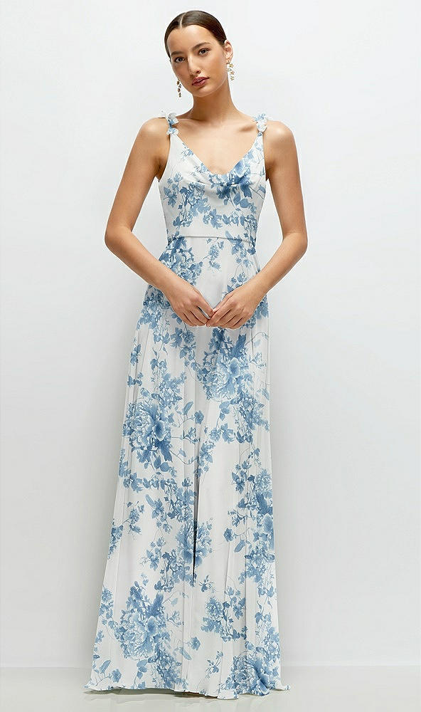 Front View - Cottage Rose Dusk Blue Cowl Neck Chiffon Maxi Dress with Hand-Worked Petal Straps