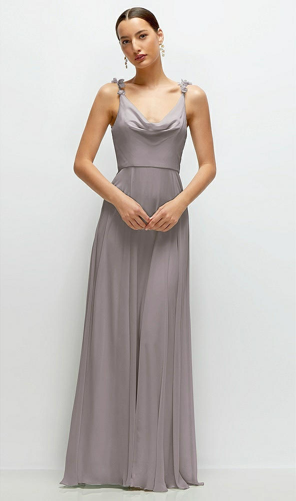 Front View - Cashmere Gray Cowl Neck Chiffon Maxi Dress with Hand-Worked Petal Straps