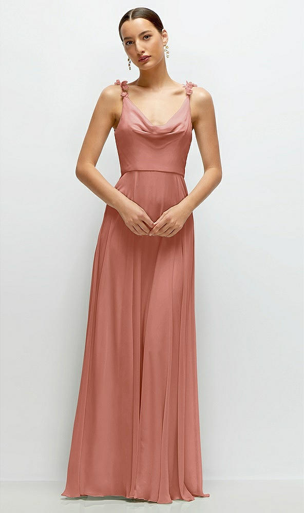 Front View - Desert Rose Cowl Neck Chiffon Maxi Dress with Hand-Worked Petal Straps