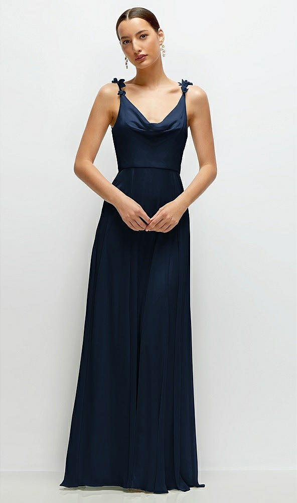 Front View - Midnight Navy Cowl Neck Chiffon Maxi Dress with Hand-Worked Petal Straps