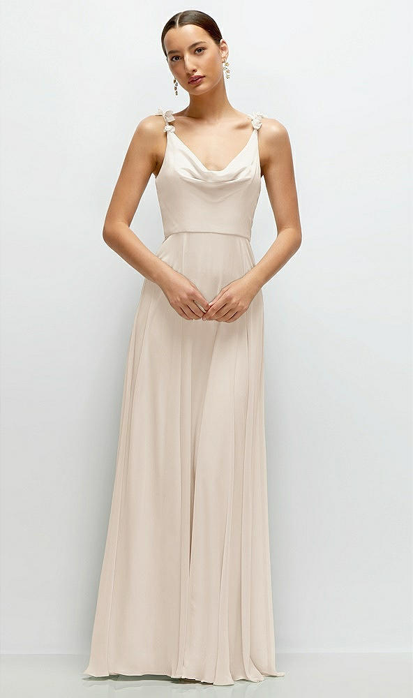 Front View - Oat Cowl Neck Chiffon Maxi Dress with Hand-Worked Petal Straps