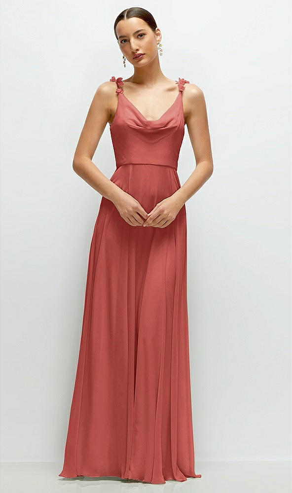 Front View - Coral Pink Cowl Neck Chiffon Maxi Dress with Hand-Worked Petal Straps