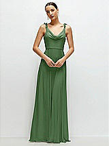 Front View Thumbnail - Vineyard Green Cowl Neck Chiffon Maxi Dress with Hand-Worked Petal Straps