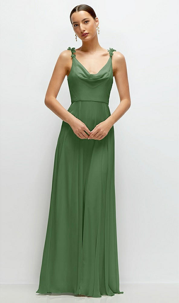 Front View - Vineyard Green Cowl Neck Chiffon Maxi Dress with Hand-Worked Petal Straps