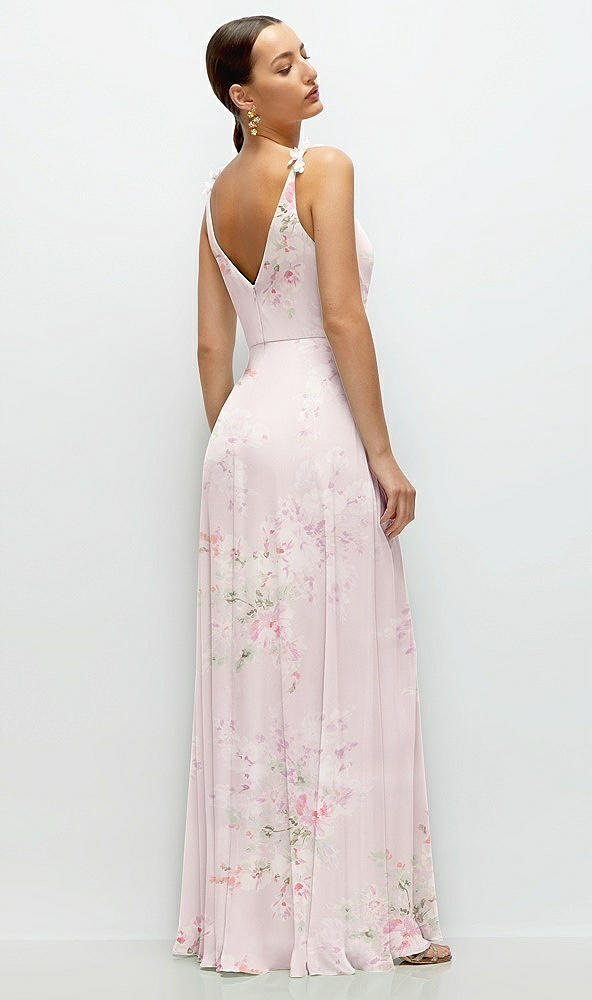 Back View - Watercolor Print Cowl Neck Chiffon Maxi Dress with Hand-Worked Petal Straps