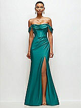 Front View Thumbnail - Peacock Teal Cowl Neck Off-the-Shoulder Stretch Satin Fit and Flare Corset Maxi Dress