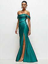 Side View Thumbnail - Peacock Teal Cowl Neck Off-the-Shoulder Stretch Satin Fit and Flare Corset Maxi Dress