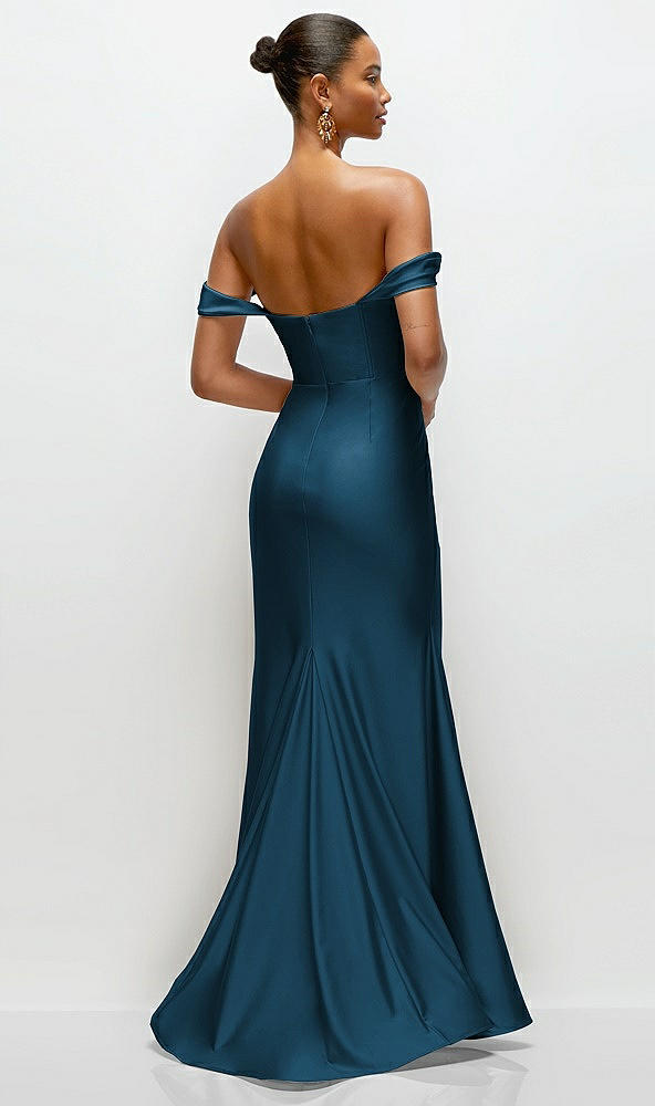 Back View - Atlantic Blue Cowl Neck Off-the-Shoulder Stretch Satin Fit and Flare Corset Maxi Dress