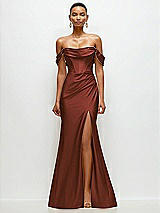 Front View Thumbnail - Auburn Moon Cowl Neck Off-the-Shoulder Stretch Satin Fit and Flare Corset Maxi Dress