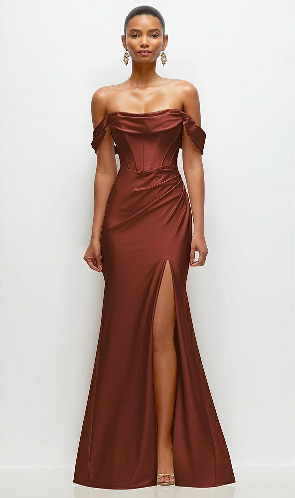 Front View - Auburn Moon Cowl Neck Off-the-Shoulder Stretch Satin Fit and Flare Corset Maxi Dress