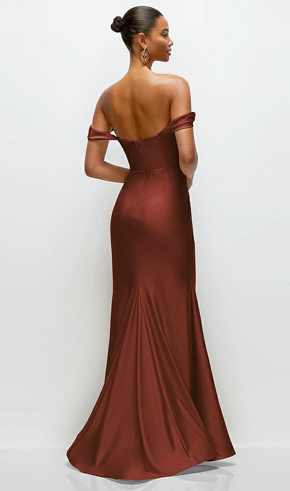 Back View - Auburn Moon Cowl Neck Off-the-Shoulder Stretch Satin Fit and Flare Corset Maxi Dress