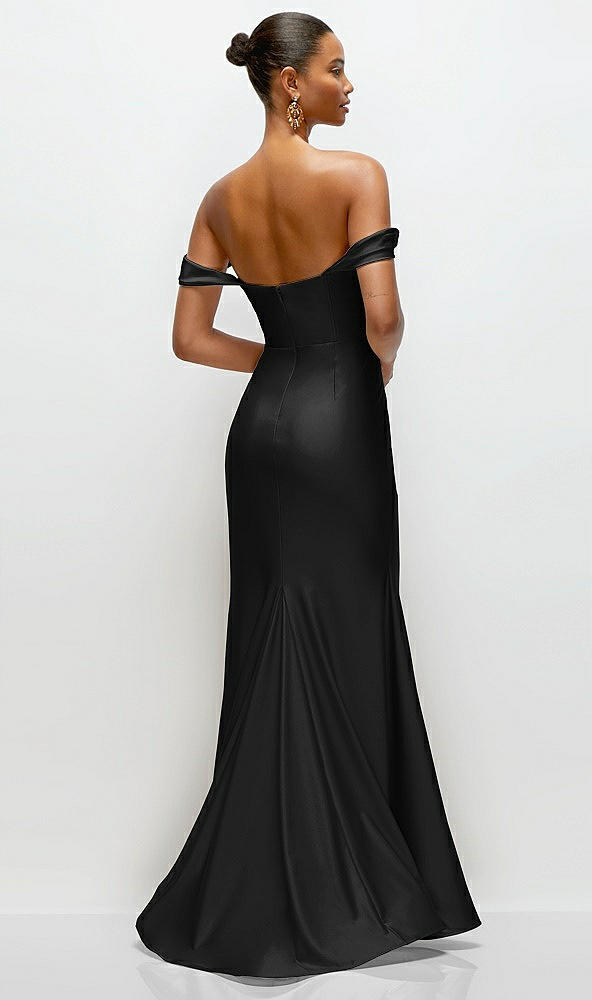 Back View - Black Cowl Neck Off-the-Shoulder Stretch Satin Fit and Flare Corset Maxi Dress