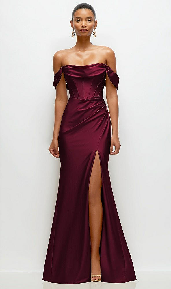 Front View - Cabernet Cowl Neck Off-the-Shoulder Stretch Satin Fit and Flare Corset Maxi Dress