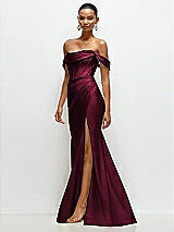 Side View Thumbnail - Cabernet Cowl Neck Off-the-Shoulder Stretch Satin Fit and Flare Corset Maxi Dress