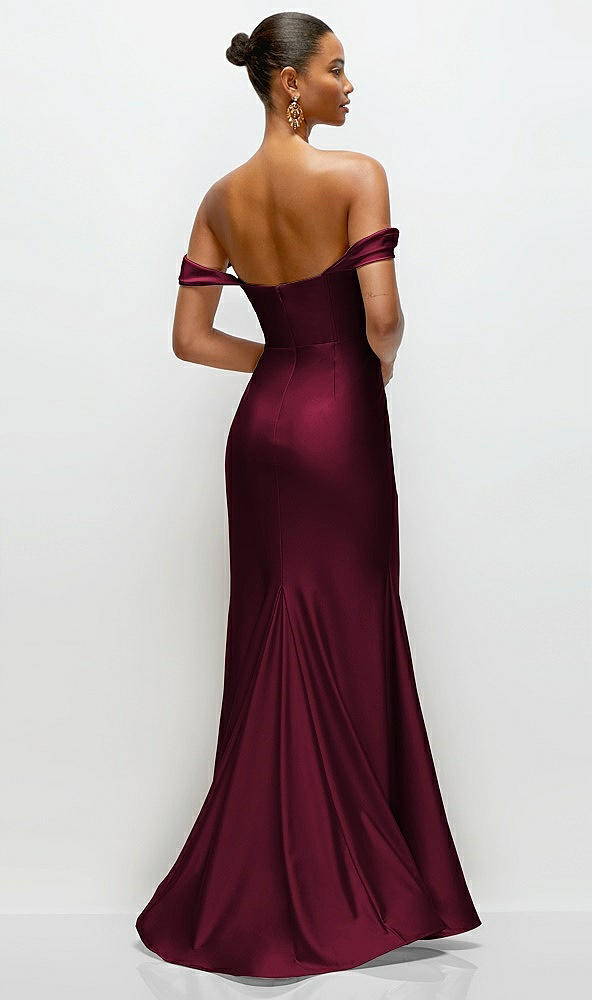 Back View - Cabernet Cowl Neck Off-the-Shoulder Stretch Satin Fit and Flare Corset Maxi Dress