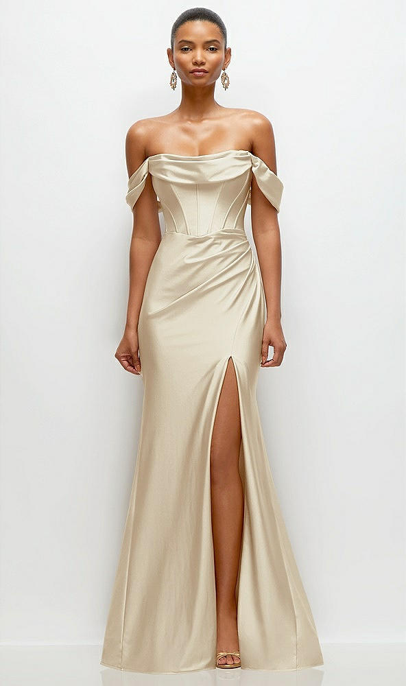 Front View - Champagne Cowl Neck Off-the-Shoulder Stretch Satin Fit and Flare Corset Maxi Dress