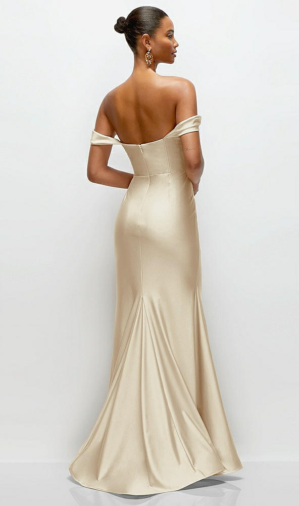 Back View - Champagne Cowl Neck Off-the-Shoulder Stretch Satin Fit and Flare Corset Maxi Dress