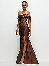 Side View Thumbnail - Cognac Cowl Neck Off-the-Shoulder Stretch Satin Fit and Flare Corset Maxi Dress