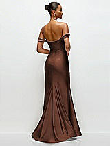 Rear View Thumbnail - Cognac Cowl Neck Off-the-Shoulder Stretch Satin Fit and Flare Corset Maxi Dress