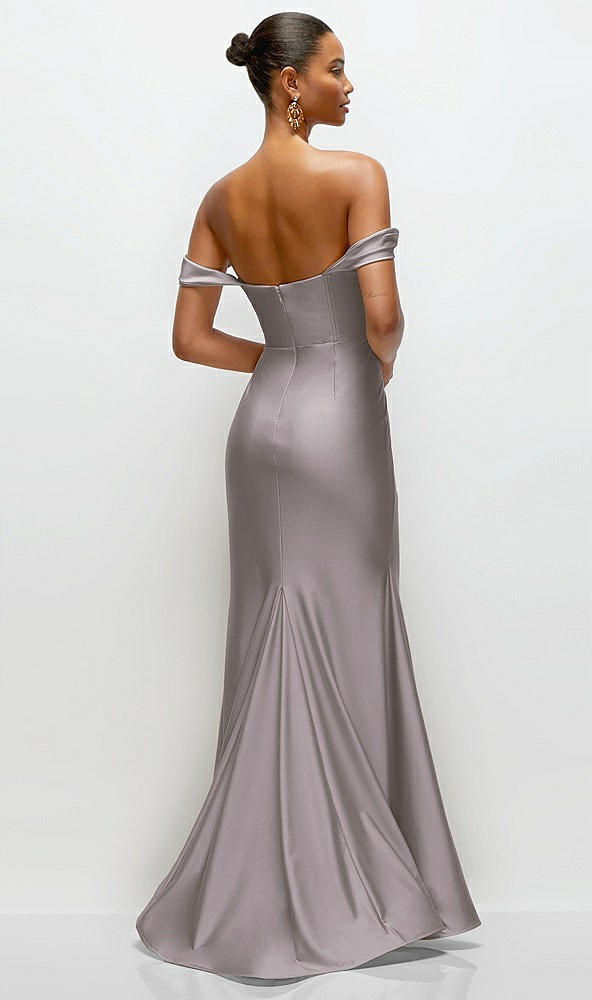 Back View - Cashmere Gray Cowl Neck Off-the-Shoulder Stretch Satin Fit and Flare Corset Maxi Dress