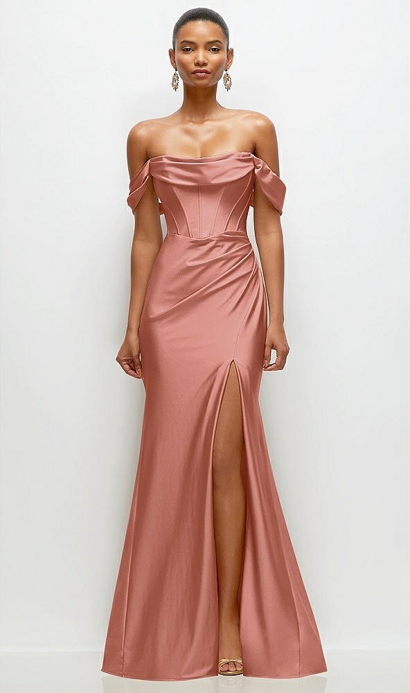 Front View - Desert Rose Cowl Neck Off-the-Shoulder Stretch Satin Fit and Flare Corset Maxi Dress