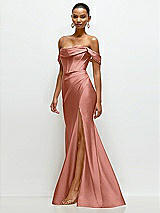 Side View Thumbnail - Desert Rose Cowl Neck Off-the-Shoulder Stretch Satin Fit and Flare Corset Maxi Dress