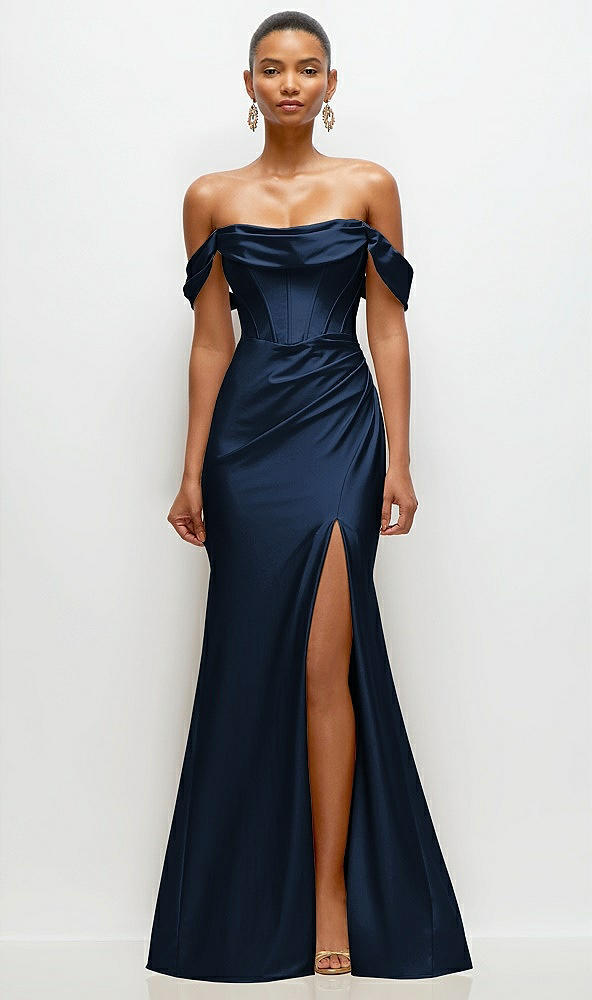 Front View - Midnight Navy Cowl Neck Off-the-Shoulder Stretch Satin Fit and Flare Corset Maxi Dress