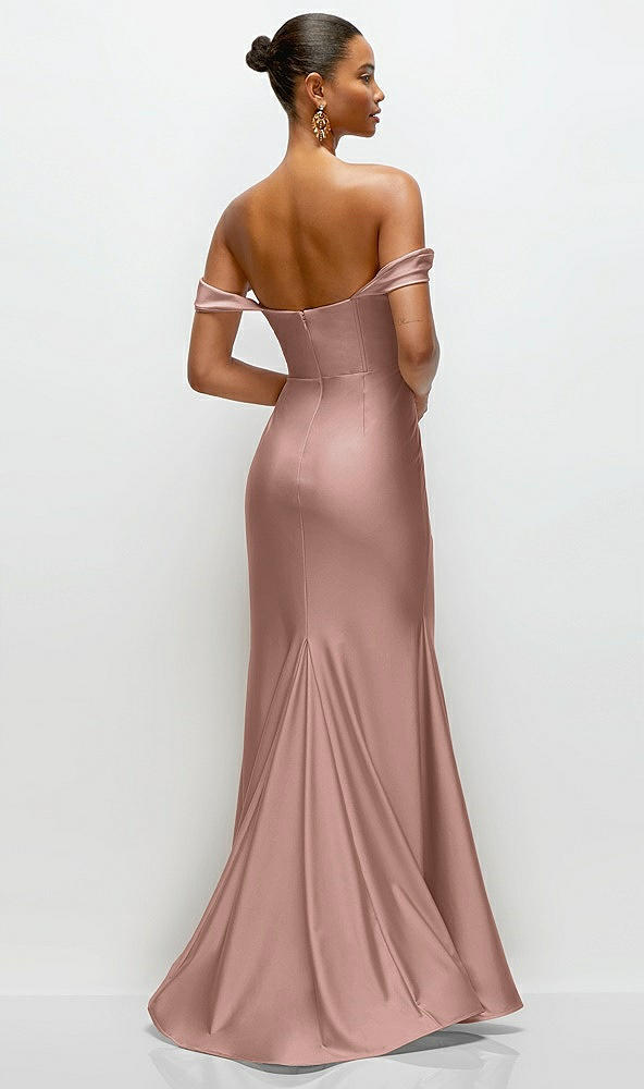 Back View - Neu Nude Cowl Neck Off-the-Shoulder Stretch Satin Fit and Flare Corset Maxi Dress