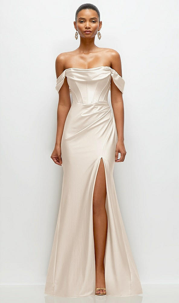 Front View - Oat Cowl Neck Off-the-Shoulder Stretch Satin Fit and Flare Corset Maxi Dress