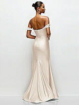 Rear View Thumbnail - Oat Cowl Neck Off-the-Shoulder Stretch Satin Fit and Flare Corset Maxi Dress