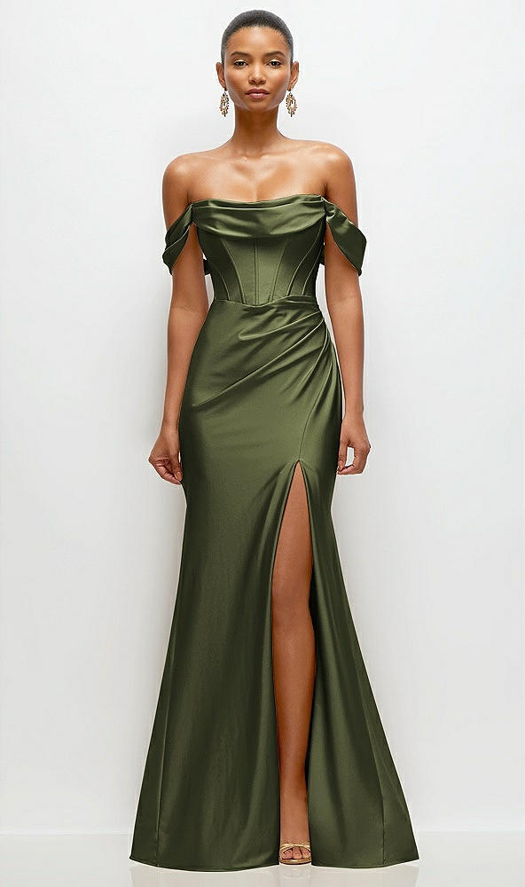 Front View - Olive Green Cowl Neck Off-the-Shoulder Stretch Satin Fit and Flare Corset Maxi Dress