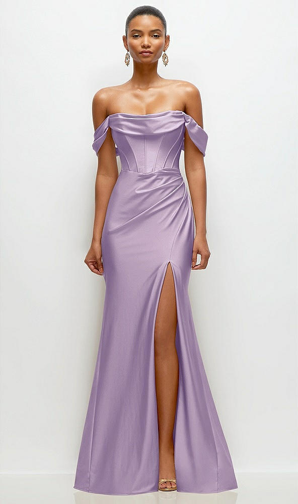 Front View - Pale Purple Cowl Neck Off-the-Shoulder Stretch Satin Fit and Flare Corset Maxi Dress