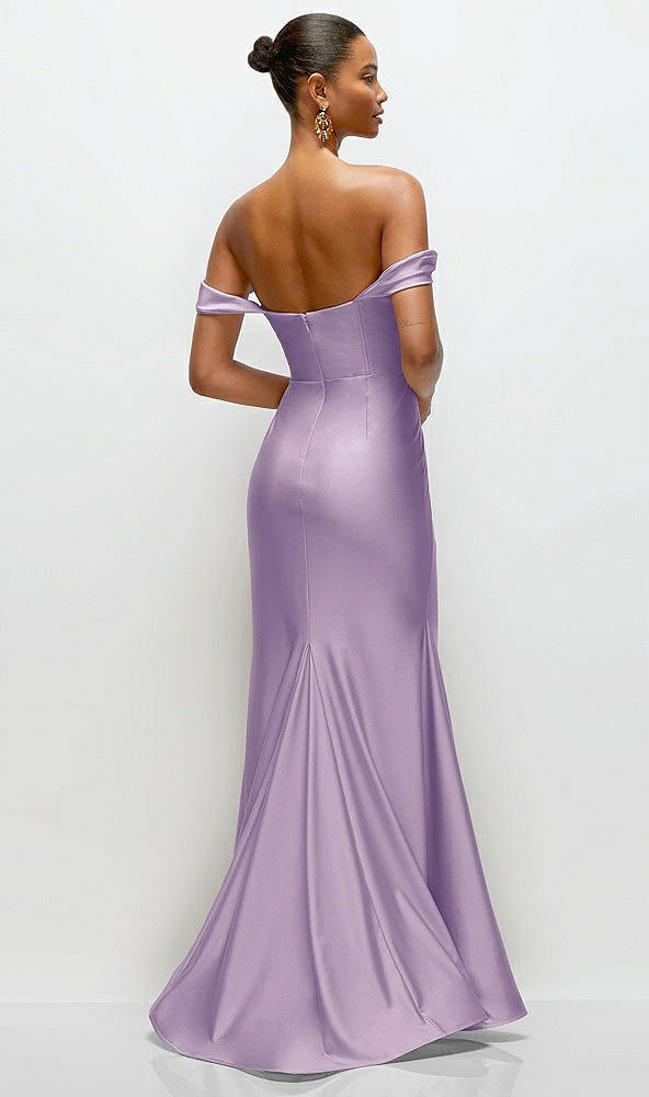 Back View - Pale Purple Cowl Neck Off-the-Shoulder Stretch Satin Fit and Flare Corset Maxi Dress