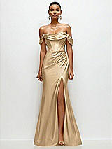 Front View Thumbnail - Soft Gold Cowl Neck Off-the-Shoulder Stretch Satin Fit and Flare Corset Maxi Dress