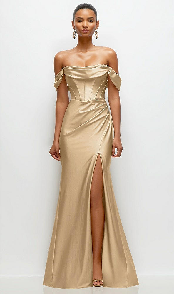 Front View - Soft Gold Cowl Neck Off-the-Shoulder Stretch Satin Fit and Flare Corset Maxi Dress