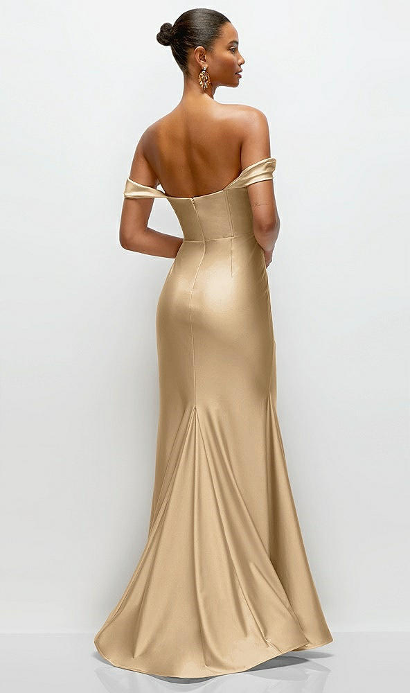 Back View - Soft Gold Cowl Neck Off-the-Shoulder Stretch Satin Fit and Flare Corset Maxi Dress